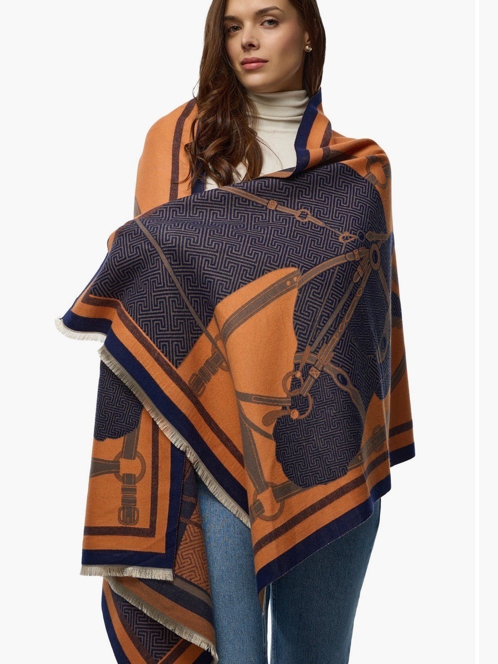 Orange & Navy horse print reversible 
scarf - Picture 8 of 8